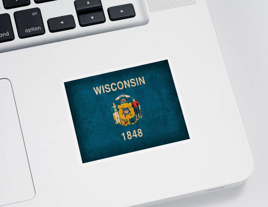 Wisconsin Sticker featuring the mixed media Wisconsin State Flag Art on Worn Canvas by Design Turnpike