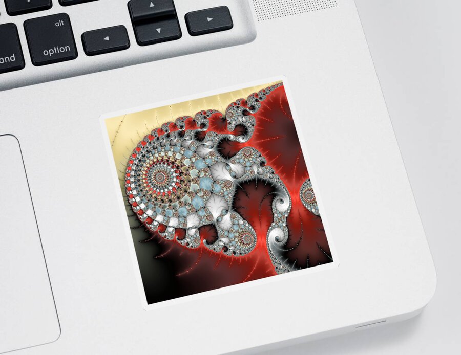 Spiral Sticker featuring the digital art Wonderful abstract fractal spirals red grey yellow and light blue by Matthias Hauser