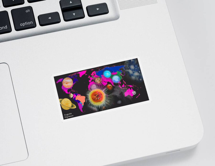 Augusta Stylianou Sticker featuring the digital art World Map and Planets by Augusta Stylianou