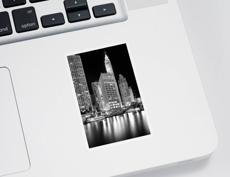Dusk Sticker featuring the photograph Wrigley Building Reflection in Black and White by Sebastian Musial