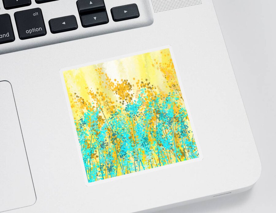 Yellow Sticker featuring the painting Yellow And Turquoise Garden by Lourry Legarde