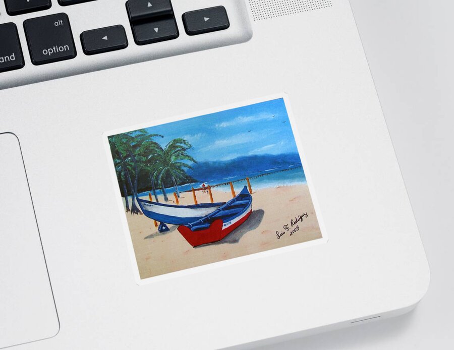 Yolas Sticker featuring the painting Yolas At Crashboat Beach by Luis F Rodriguez