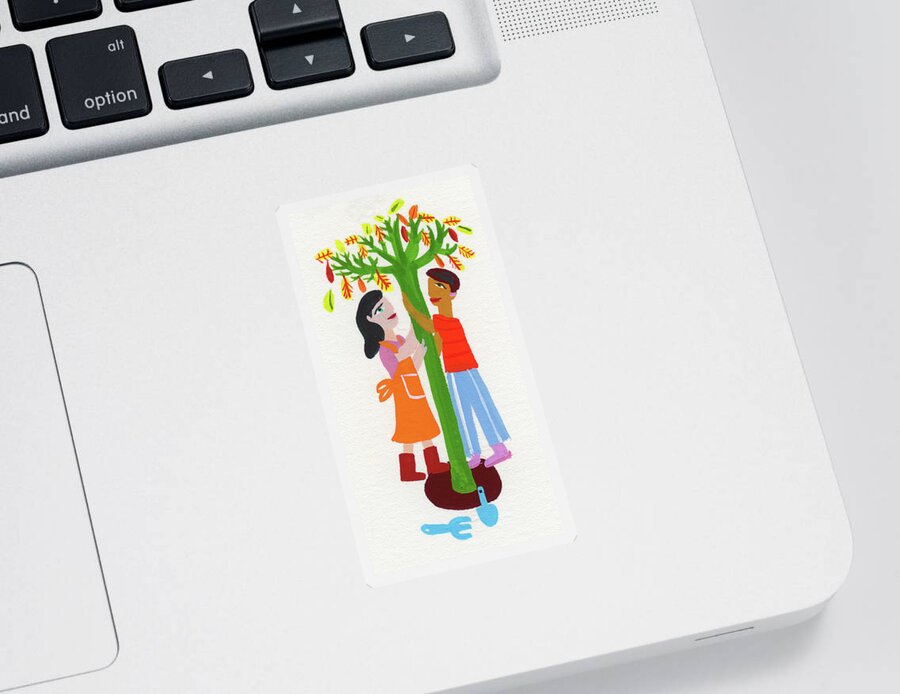20-29 Years Sticker featuring the photograph Young Couple Planting Tree Together by Ikon Ikon Images