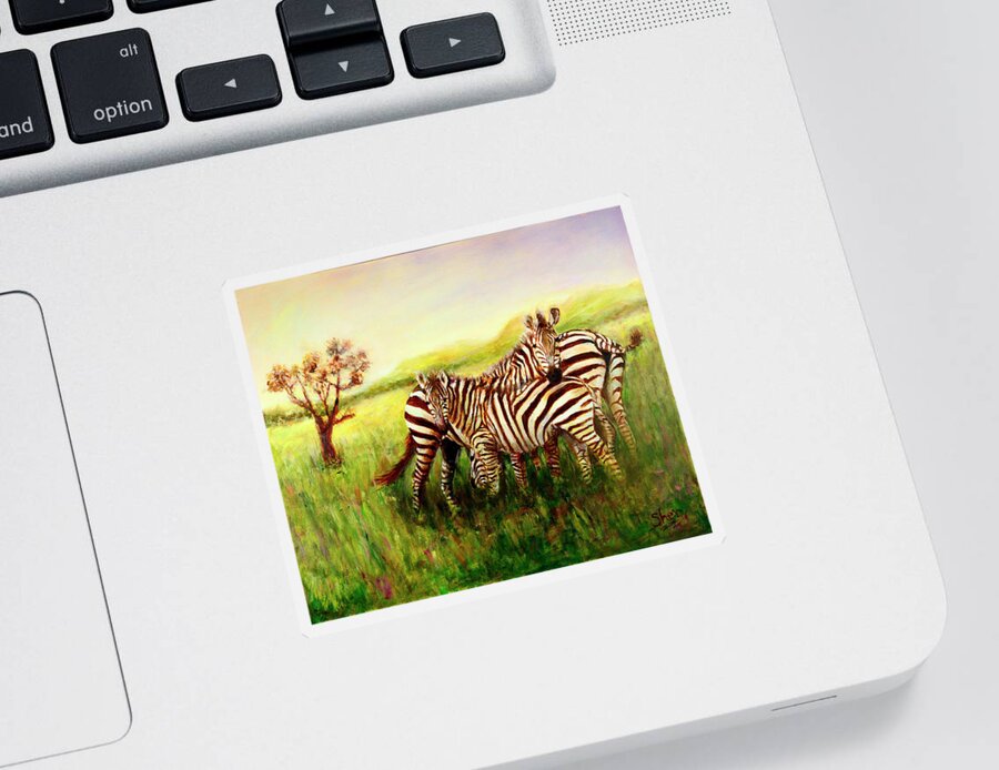 Zebra Sticker featuring the painting Zebras at Ngorongoro Crater by Sher Nasser
