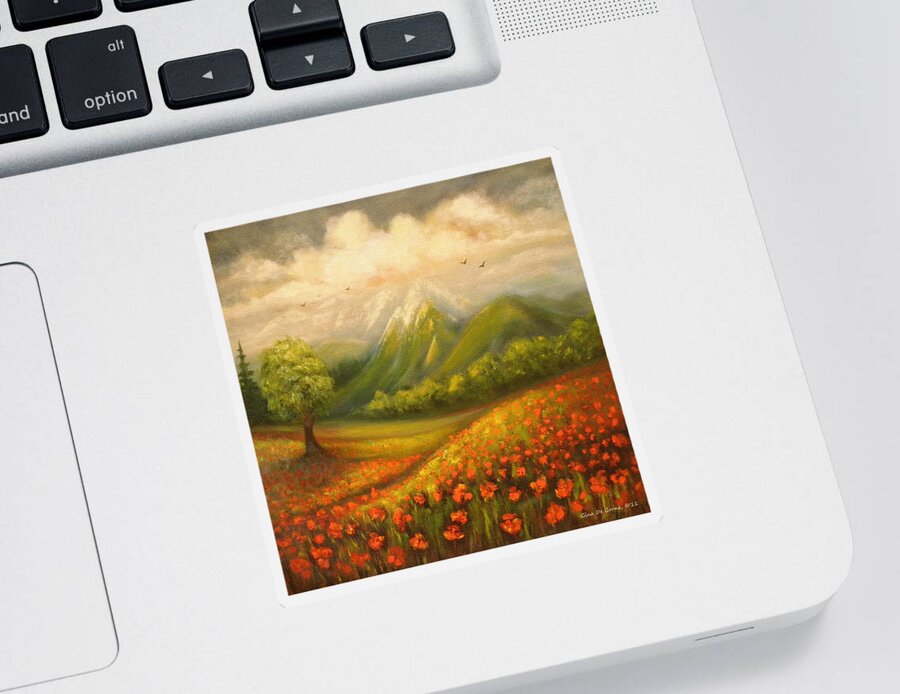 Poppy Field Sticker featuring the painting In the Old Mountains #2 by Gina De Gorna