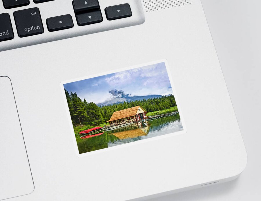 Boat House Sticker featuring the photograph Boathouse on mountain lake by Elena Elisseeva