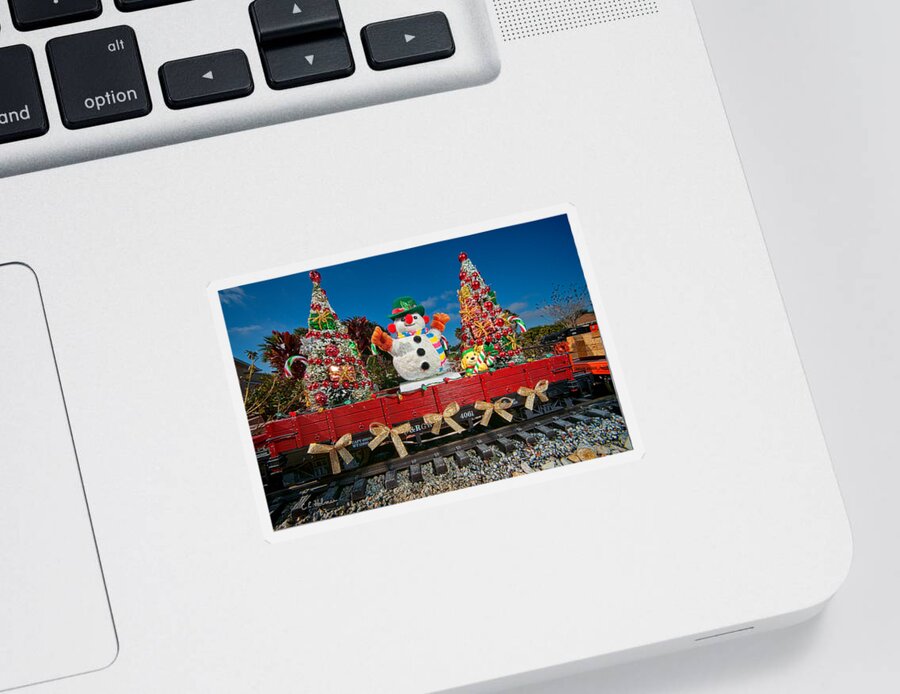 Snowman Sticker featuring the photograph Christmas Snowman On Rails by Christopher Holmes