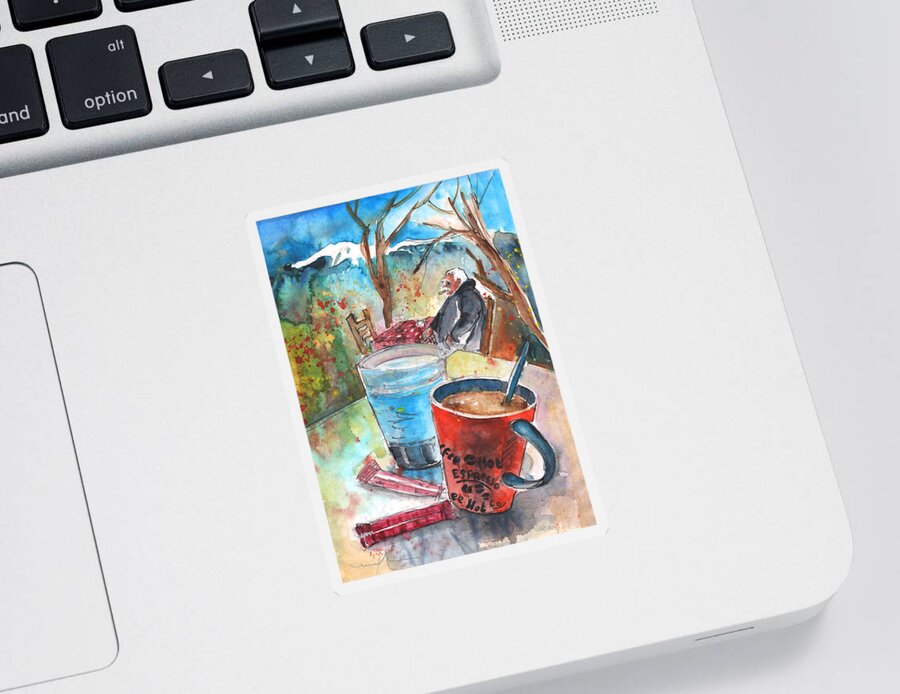 Travel Sketch Sticker featuring the painting Coffee Break in Omalos in Crete by Miki De Goodaboom