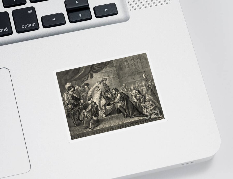 History Sticker featuring the photograph Columbus Received By Ferdinand by Photo Researchers