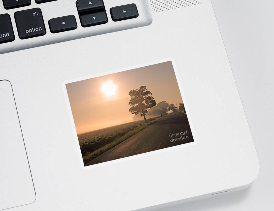 Sunrise Sticker featuring the photograph Foggy Sunrise on Soybean Field by Jack Schultz