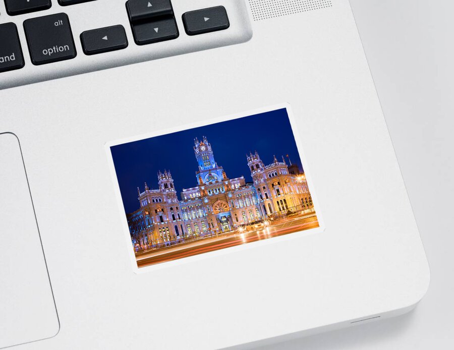 Madrid Sticker featuring the photograph Cibeles Palace At Night In Madrid #1 by Artur Bogacki