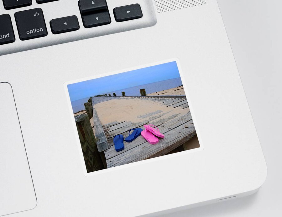 Alabama Photographer Sticker featuring the digital art Pink and Blue Flip Flops on the dock by Michael Thomas