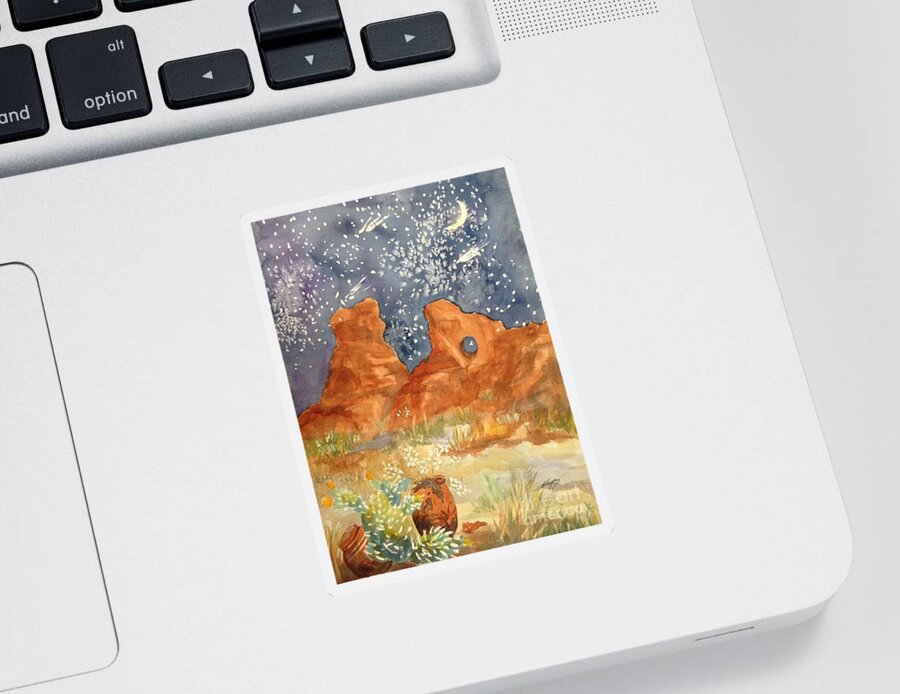 Arches National Park Sticker featuring the painting Starry Night in the Desert by Ellen Levinson