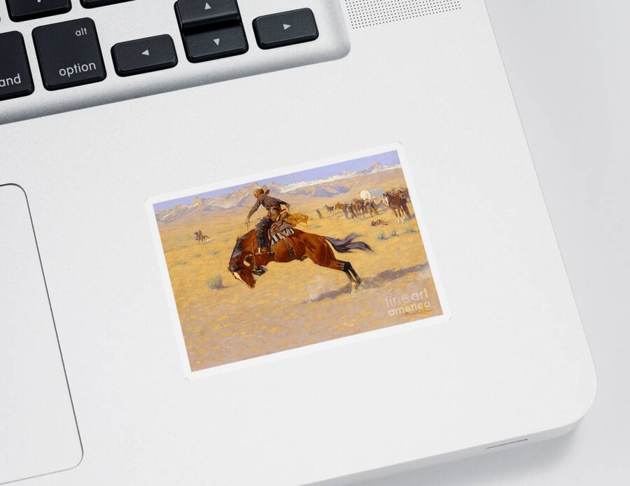 Cowboy; Horse; Pony; Rearing; Bronco; Wild West; Old West; Plain; Plains; American; Landscape; Breaking; Horses; Snow-capped; Mountains; Mountainous Sticker featuring the painting A Cold Morning on the Range by Frederic Remington