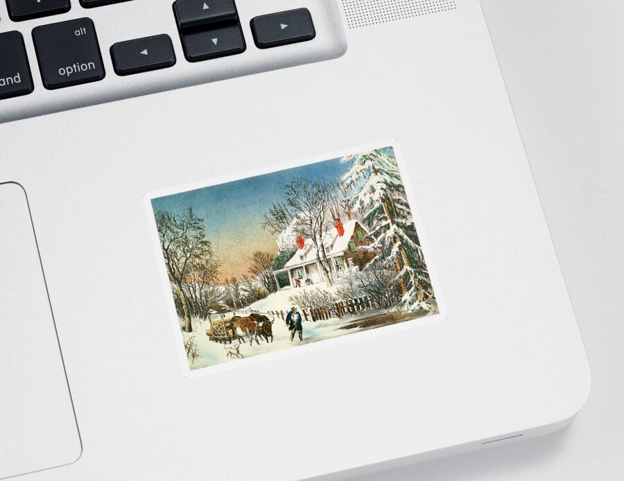 Bringing Sticker featuring the painting Bringing Home the Logs by Currier and Ives