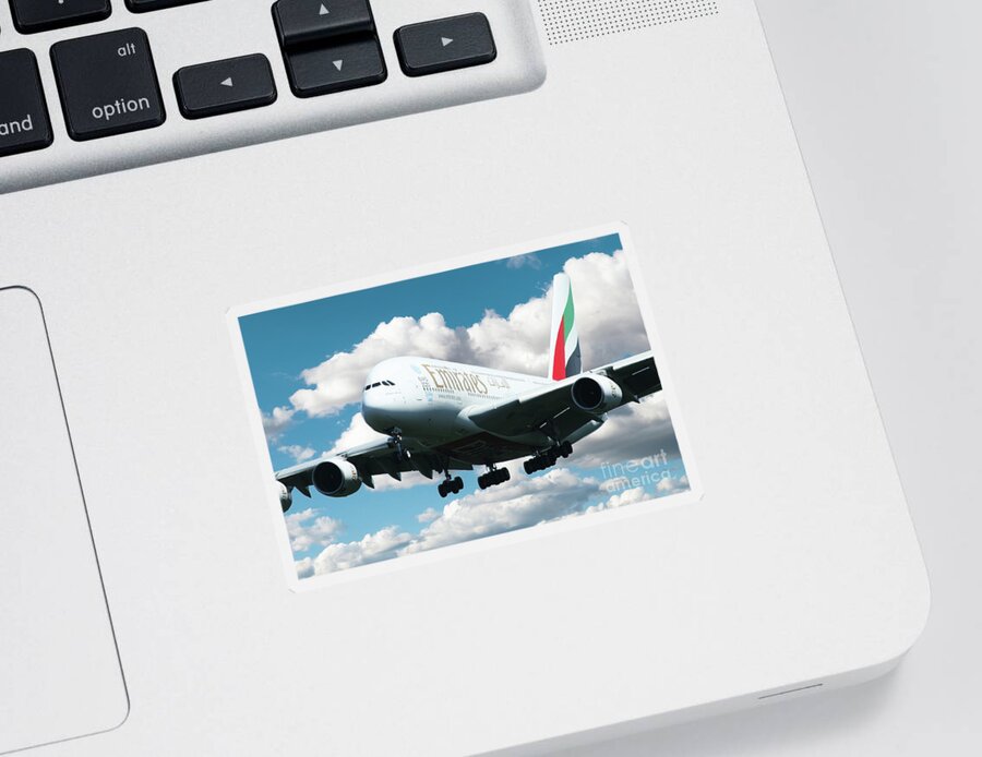 Airbus A380 Sticker featuring the digital art Emirates A380 by Airpower Art
