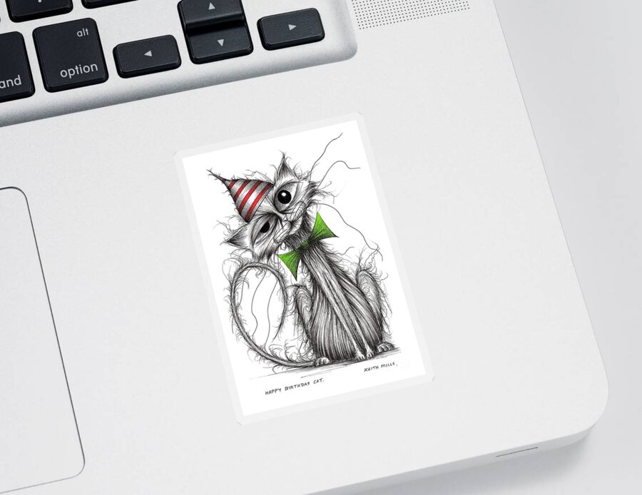 Happy Birthday Sticker featuring the drawing Happy Birthday cat #1 by Keith Mills