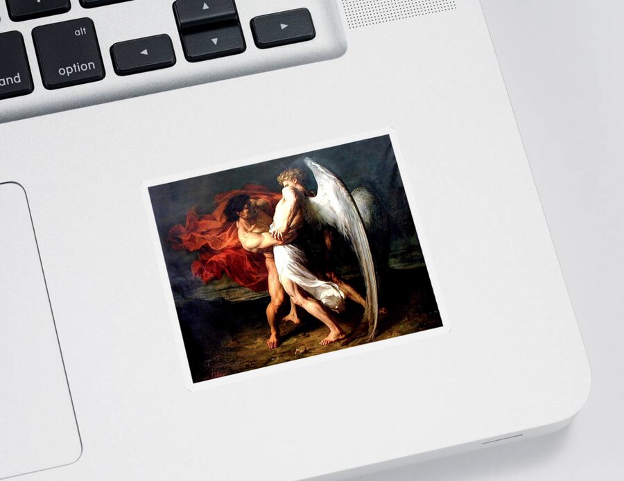Jacob Sticker featuring the painting Jacob Wrestling With The Angel #1 by Alexander Louis Leloir