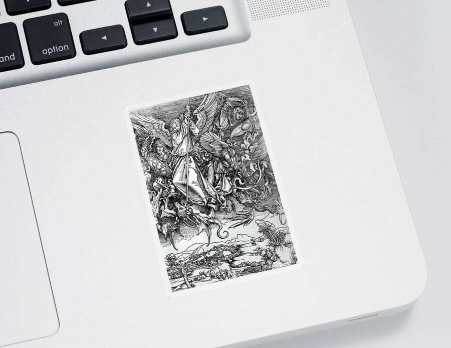 Albrecht Durer Sticker featuring the drawing Michael Defeats Satan #1 by Troy Caperton