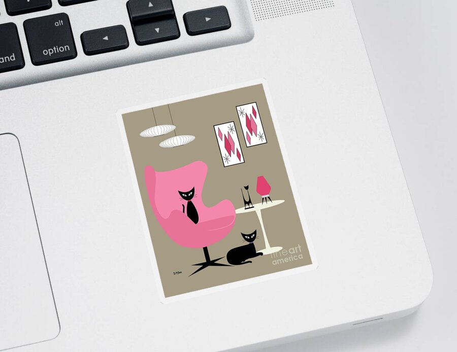  Sticker featuring the digital art Pink Egg Chair with Two Cats by Donna Mibus