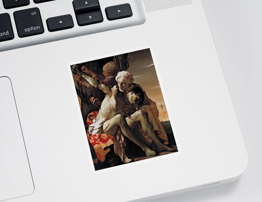 Hendrick Ter Brugghen Sticker featuring the painting Sebastian Tended By Irene #1 by Hendrick ter Brugghen