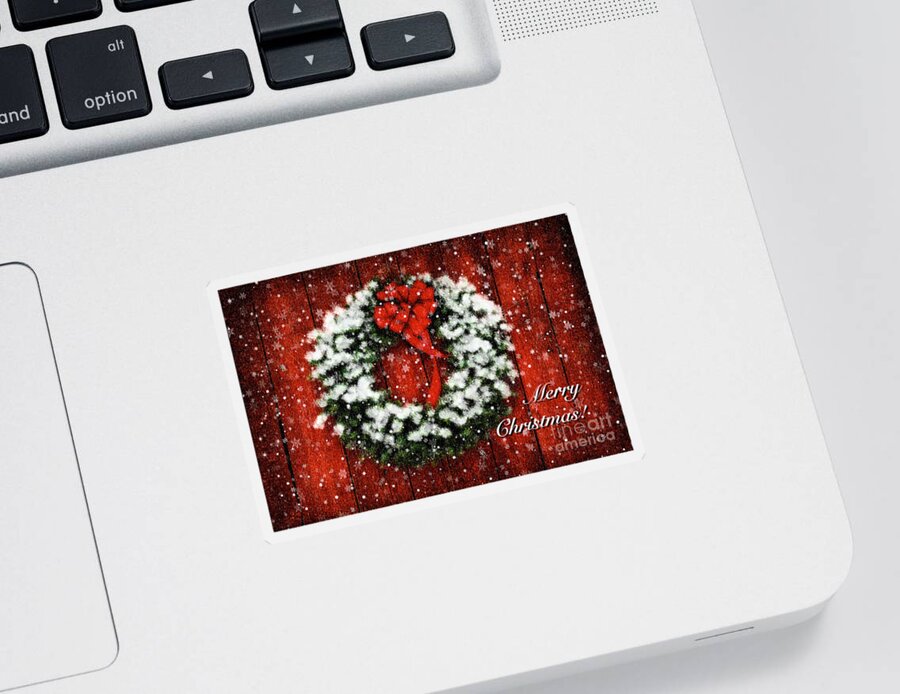 Christmas Card Sticker featuring the photograph Snowy Christmas Wreath Card by Lois Bryan