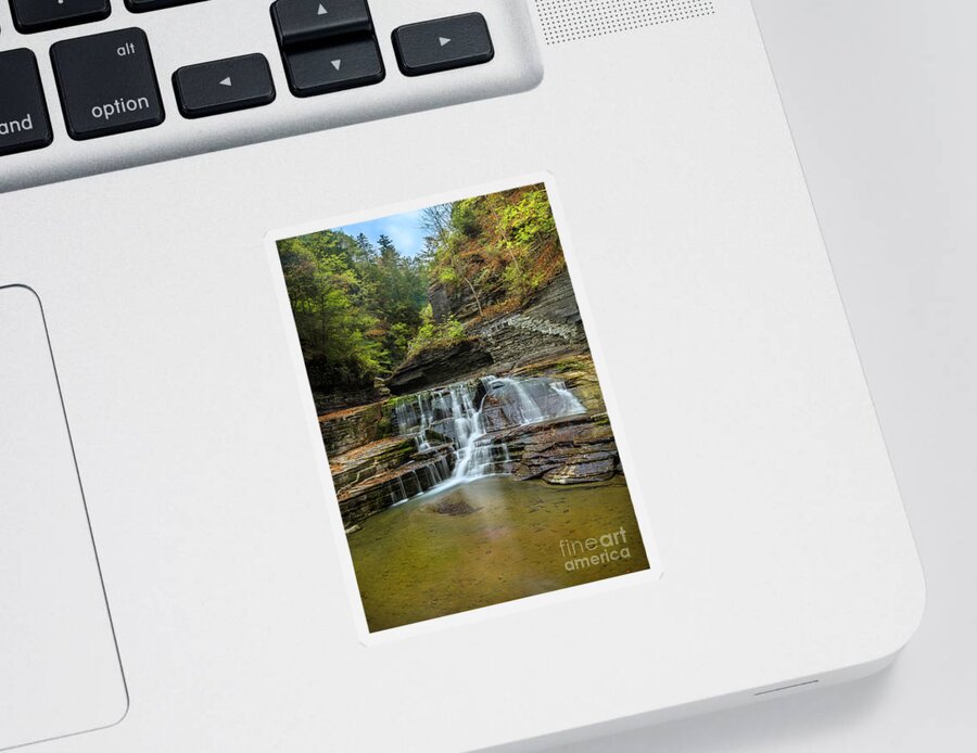 New York Sticker featuring the photograph Upper Gorge Falls of Enfield Glen in Autumn Treman State Park by Karen Jorstad