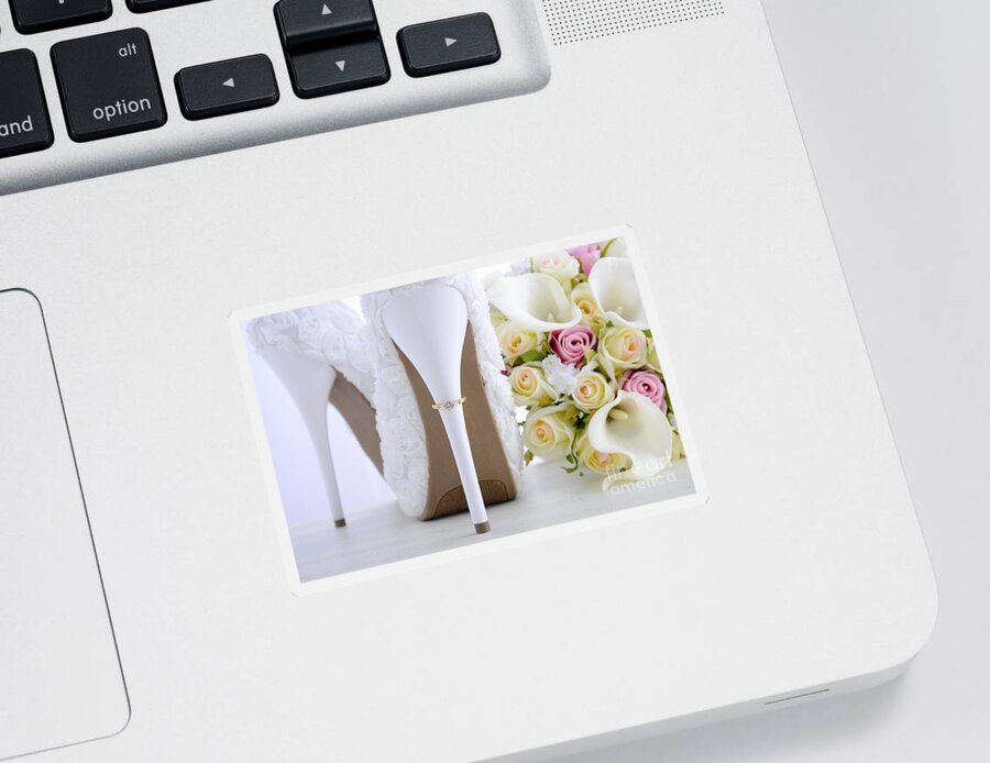 Arum Sticker featuring the photograph Wedding ring on beautiful white stiletto shoe heel. #1 by Milleflore Images