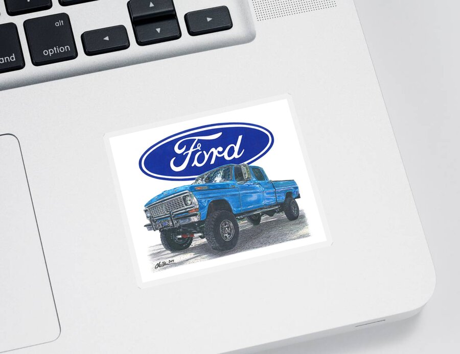 Ford Sticker featuring the drawing 1970 Ford F-250 Crew Cab by Chris Brown