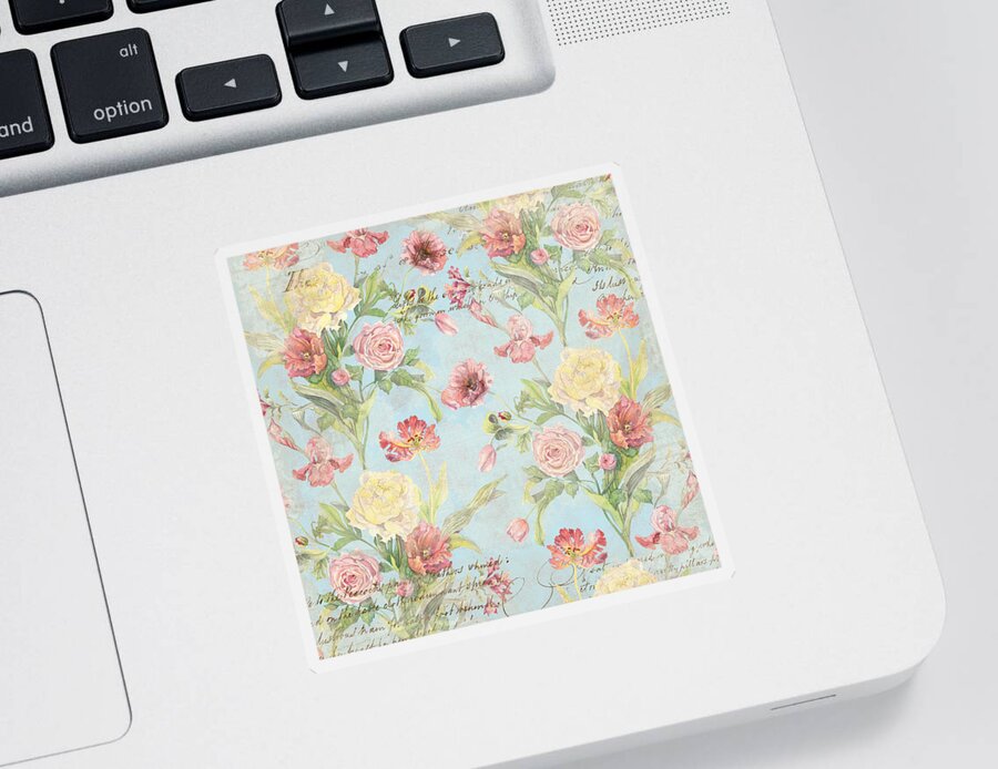 Peony Sticker featuring the painting Fleurs de Pivoine - Watercolor in a French Vintage Wallpaper Style #2 by Audrey Jeanne Roberts