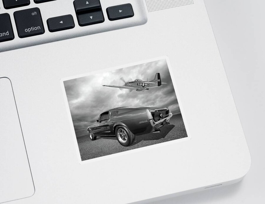 Mustang Sticker featuring the photograph p51 With 1968 Mustang Black and White by Gill Billington