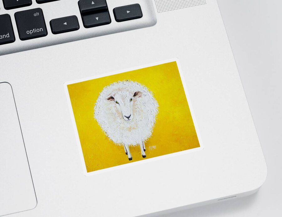 Sheep Sticker featuring the painting Sheep painting on yellow background #1 by Jan Matson