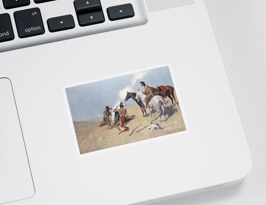The Smoke Signal Sticker featuring the painting The Smoke Signal by Frederic Remington