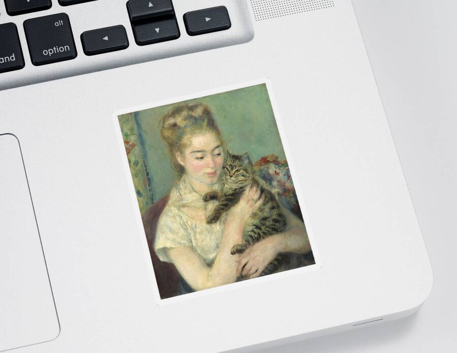 Auguste Renoir Sticker featuring the painting Woman With A Cat #2 by Auguste Renoir