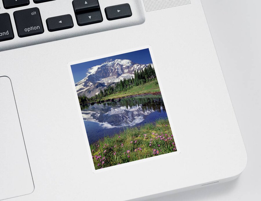 2m4861 Sticker featuring the photograph 2M4861 Mt. Rainier Reflect and Wildflowers by Ed Cooper Photography