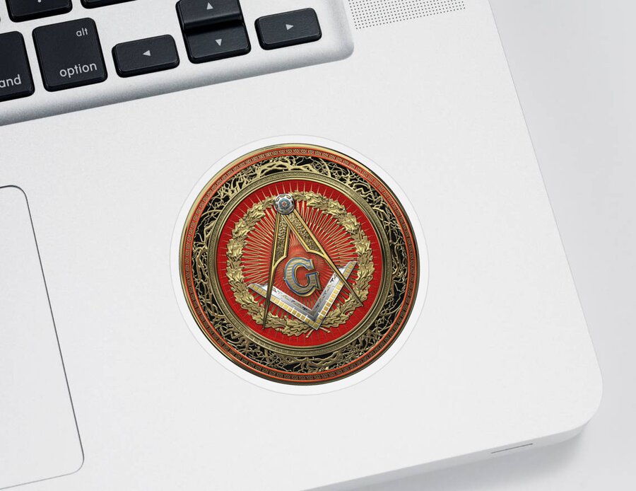 Ancient Brotherhoods Collection By Serge Averbukh Sticker featuring the digital art 3rd Degree Mason Gold Jewel - Master Mason Square and Compasses over White Leather by Serge Averbukh