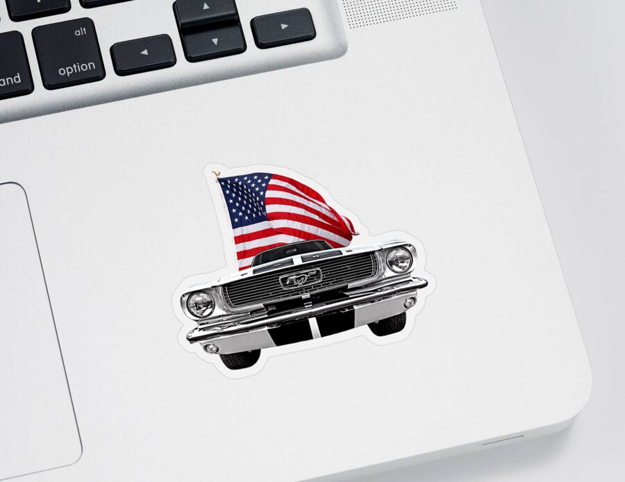 Ford Mustang Sticker featuring the photograph 66 Mustang With U.S. Flag On Black by Gill Billington