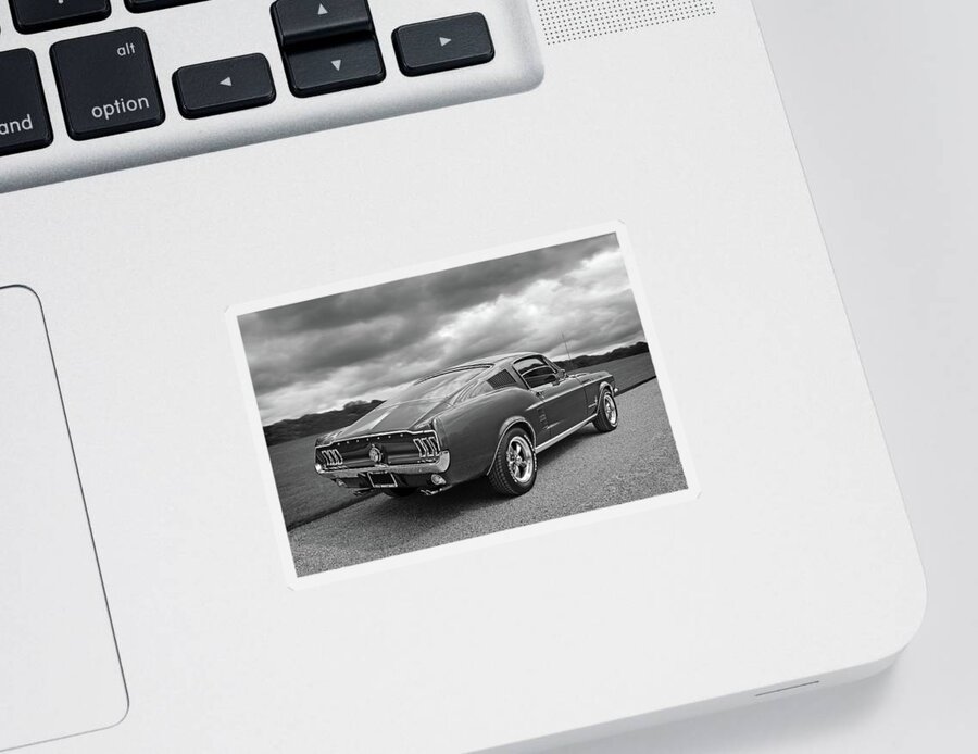 Mustang Sticker featuring the photograph 67 Fastback Mustang in Black and White by Gill Billington