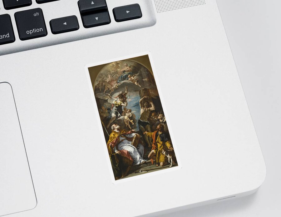 Sebastiano Ricci Sticker featuring the painting A Glory of the Virgin with the Archangel Gabriel and Saints Eusebius, Roch, and Sebastian by Sebastiano Ricci