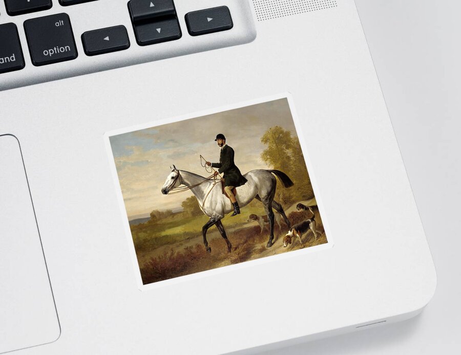 Emil Adam Sticker featuring the painting A Huntsman with Horse and Hounds by Emil Adam