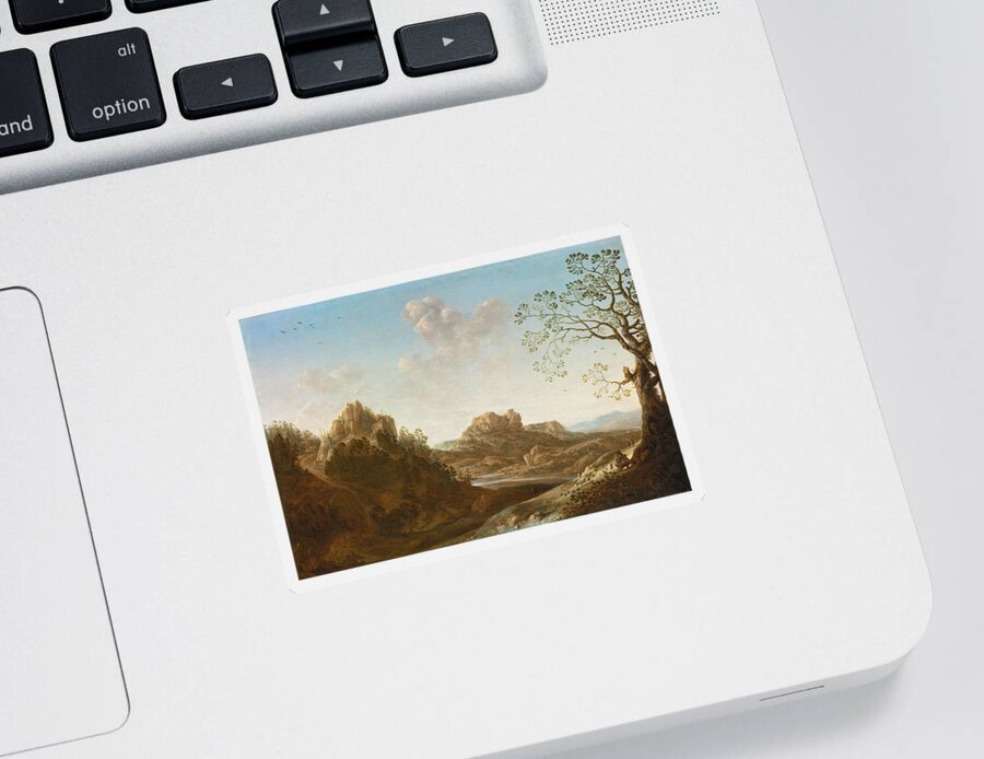 Herman Saftleven Sticker featuring the painting A panoramic river valley landscape with figures and village below by Herman Saftleven