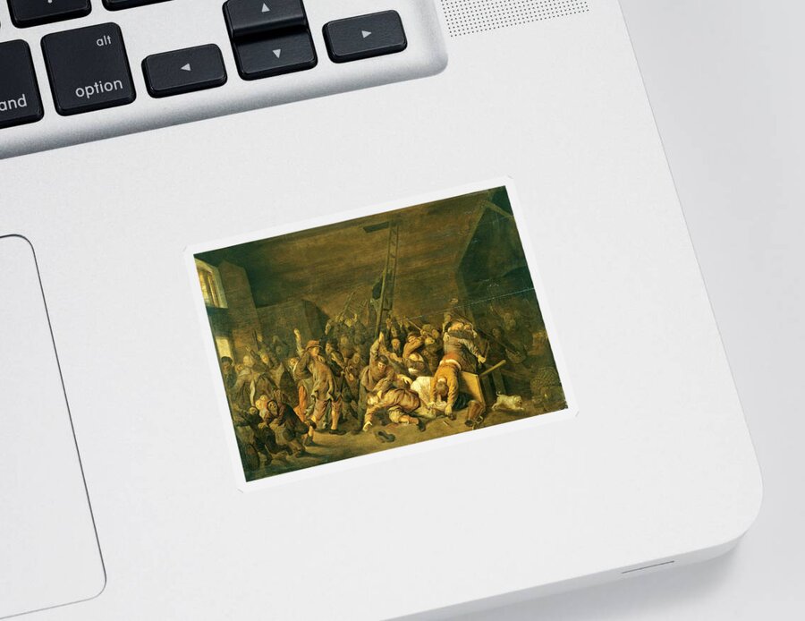 Jan Miense Molenaer Sticker featuring the painting A Tavern Interior with Figures Brawling by Jan Miense Molenaer