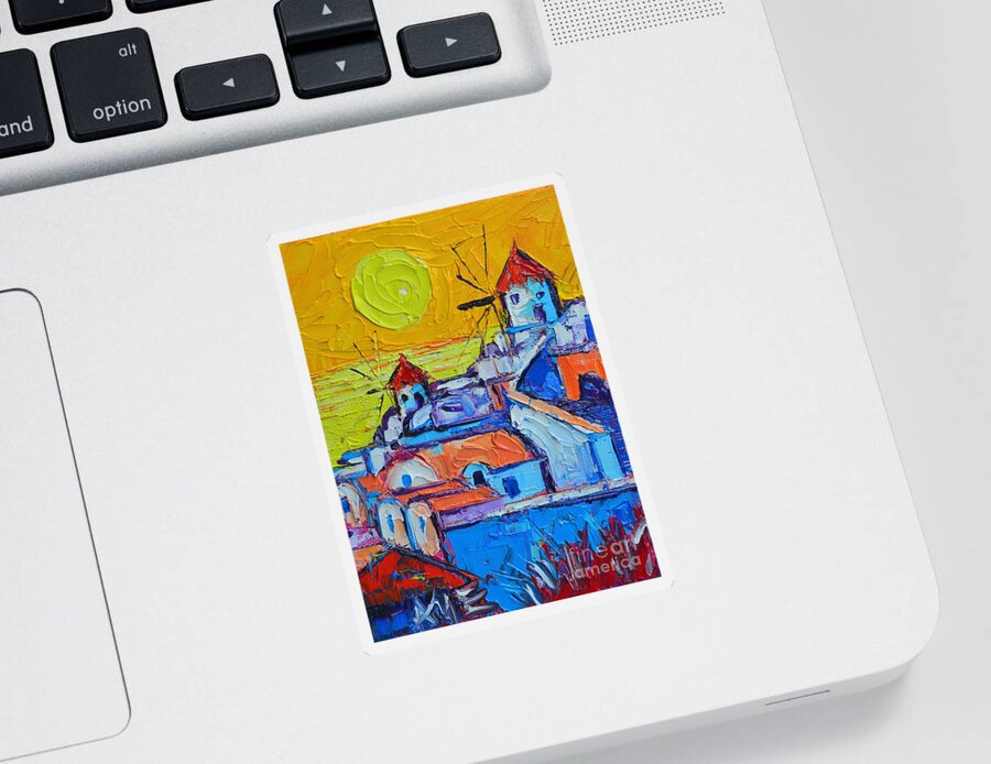 Santorini Sticker featuring the painting Abstract Santorini Sunset Oia Windmills by Ana Maria Edulescu