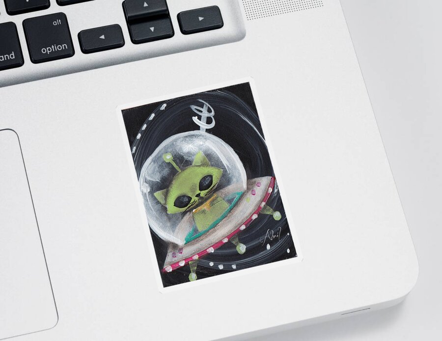 Mid Century Modern Sticker featuring the painting Alien Green Space Cat by Abril Andrade