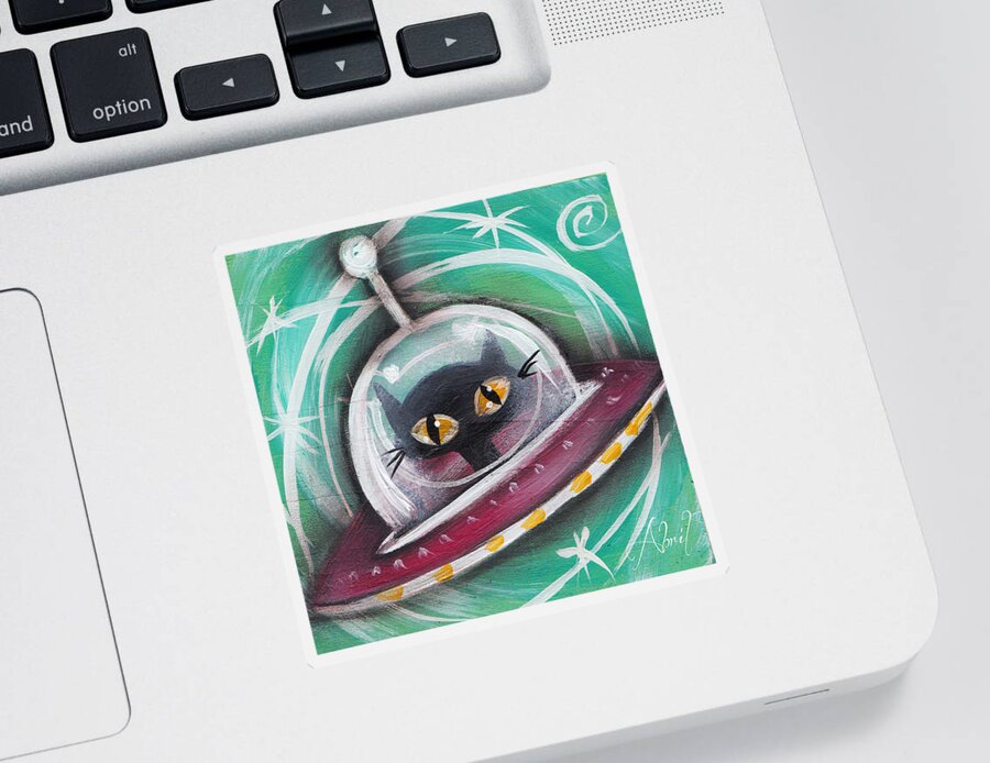 Mid Century Modern Sticker featuring the painting Alien saucer Black Space Cat by Abril Andrade