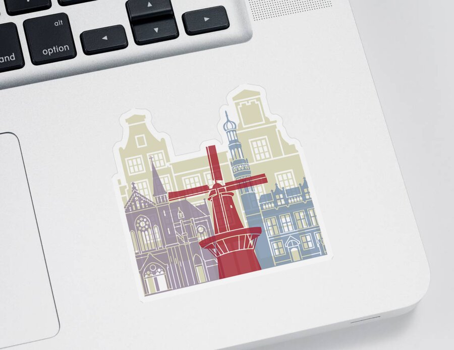 Alkmaar Sticker featuring the painting Alkmaar skyline poster by Pablo Romero