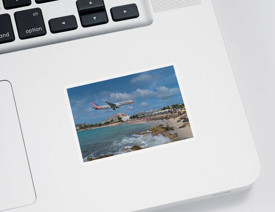 American Airlines Sticker featuring the photograph American Airlines landing at St. Maarten airport by David Gleeson