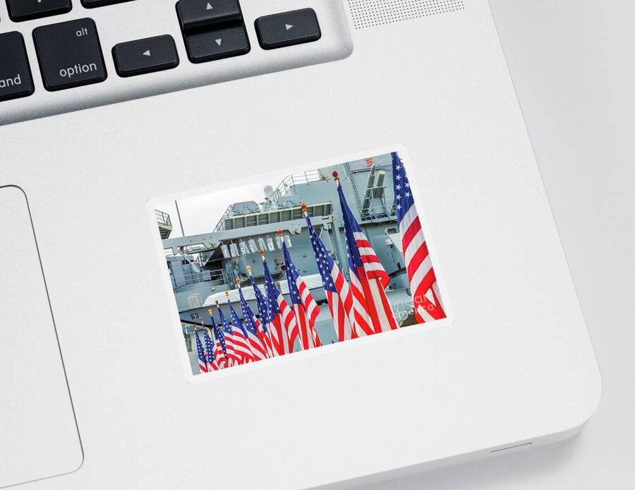 Pearl Harbor Sticker featuring the photograph American flags Missouri by Benny Marty