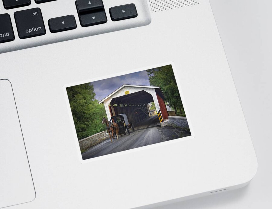 Art Sticker featuring the photograph Amish Buggy with covered bridge by Randall Nyhof