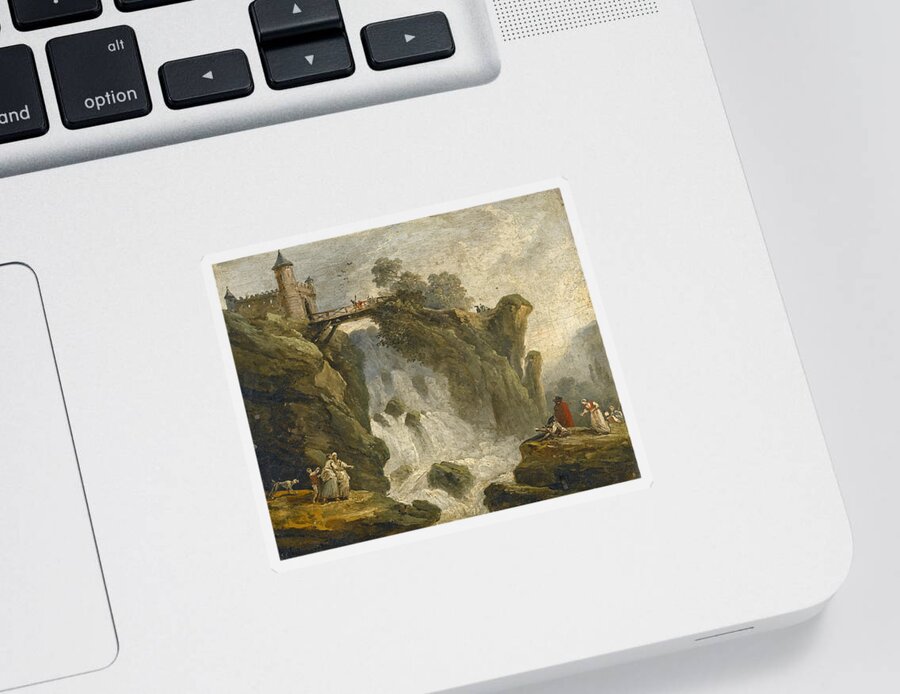 Hubert Robert Sticker featuring the painting An Artist sketching with other Figures beneath a Waterfall by Hubert Robert